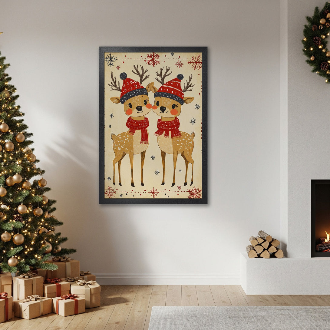 Framed Poster featuring adorable cartoon deer in red hats and scarves, perfect for Christmas decor. Warm, vintage style with a neutral color palette.