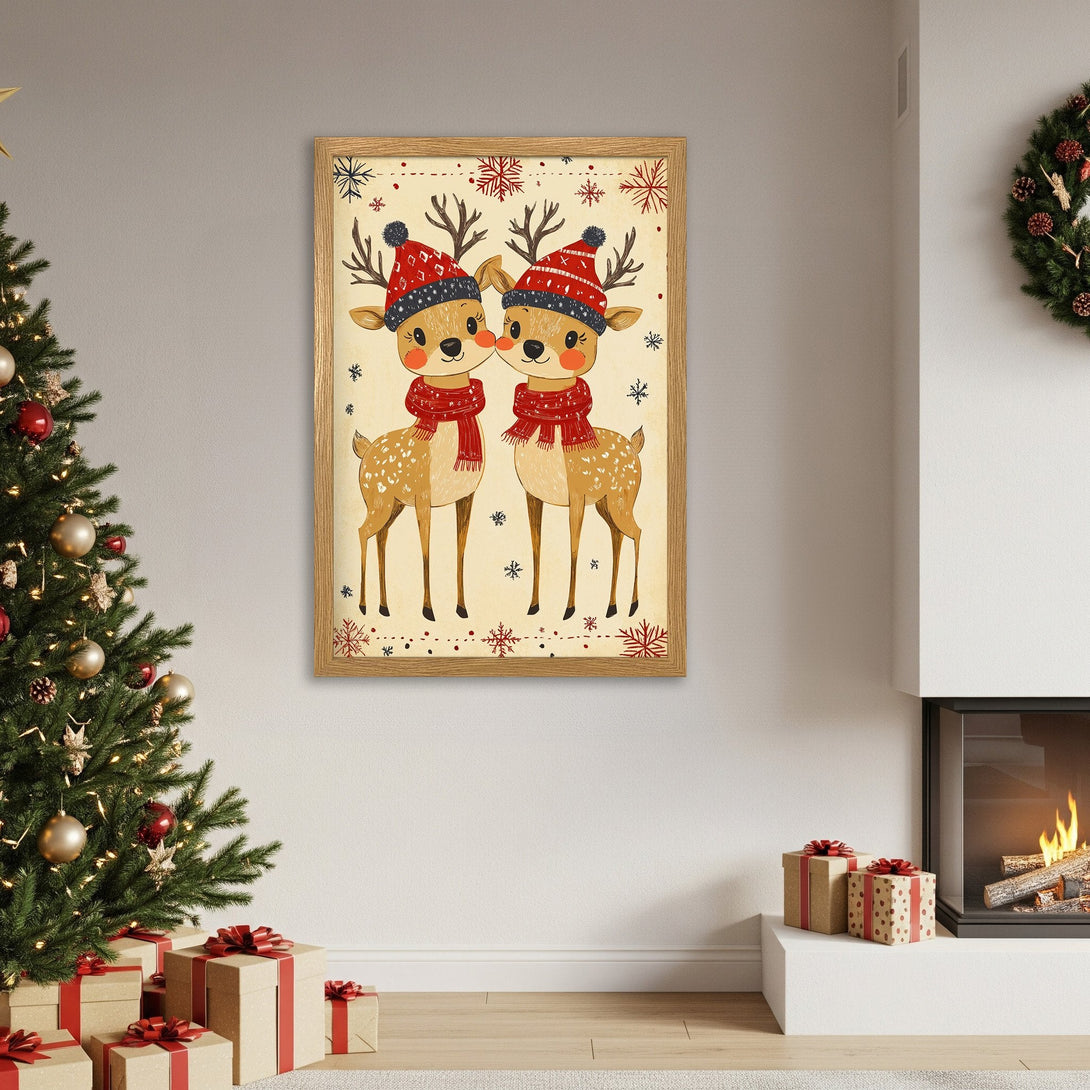 Framed Poster featuring adorable reindeer in a cozy, vintage style. Warm color palette, perfect for holiday decor.