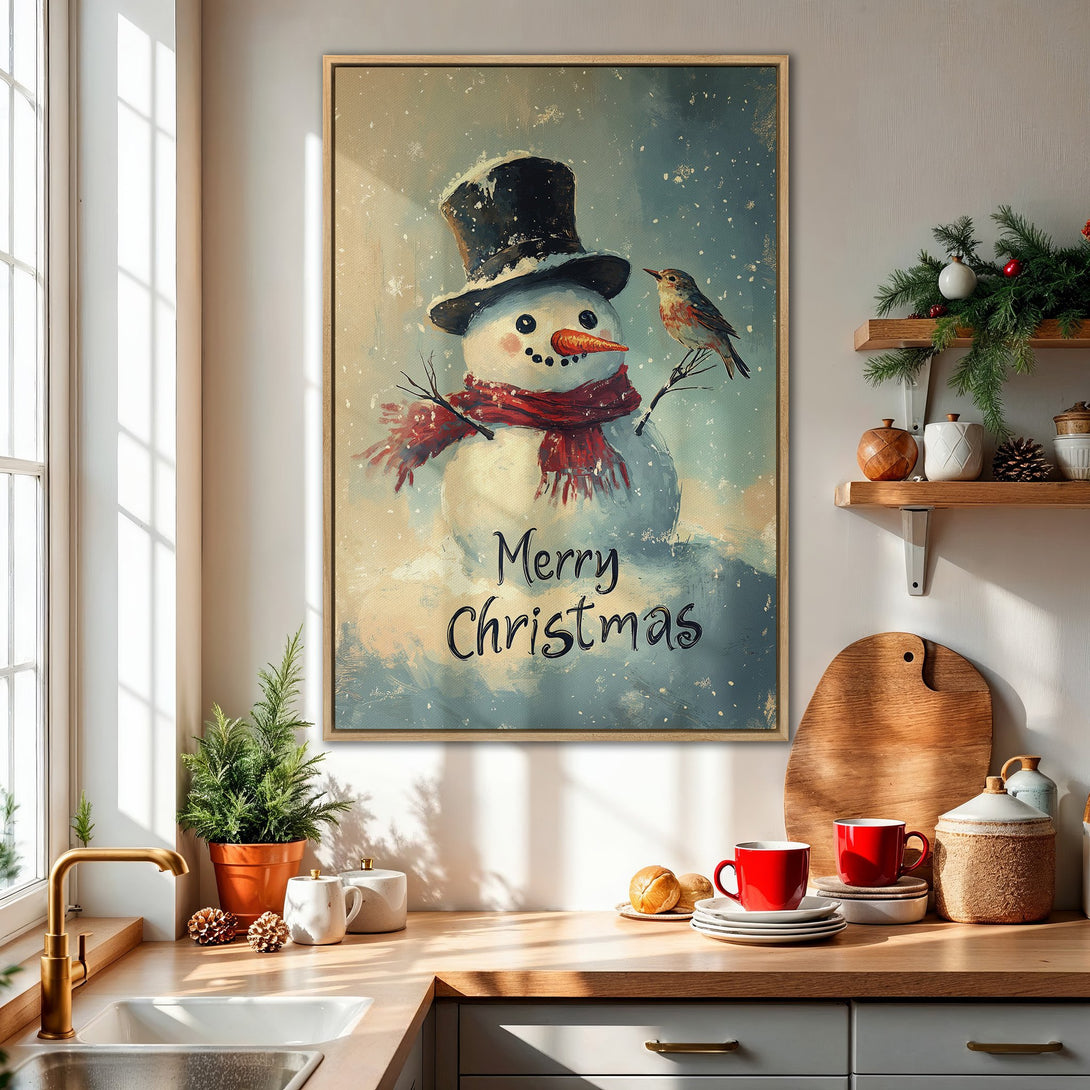 Framed Wall Art: Festive snowman painting with a vintage style, featuring a red and blue color palette. Perfect Christmas decor for your home!