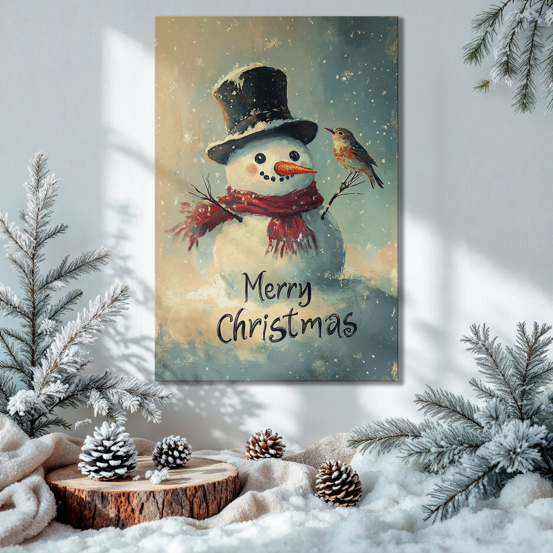 Framed Wall Art: Whimsical snowman painting in a cozy Christmas scene. Features a warm, festive color palette with blues, reds, and golds.