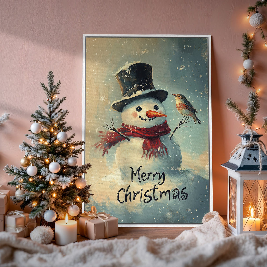 Framed Wall Art: Festive snowman painting in a cozy interior. Wintery blue & red palette, perfect for Christmas decor. Add holiday cheer to your home!