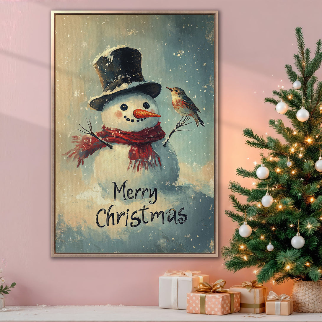Framed Wall Art: Charming snowman art with a bird in a snowy scene. Festive Christmas decor in a warm, inviting color palette. Perfect holiday gift!