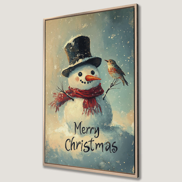 Framed Wall Art: Whimsical snowman with bird, Christmas art in a vintage style. Featuring a warm, inviting color palette of blues, creams, and reds. Perfect holiday decor.