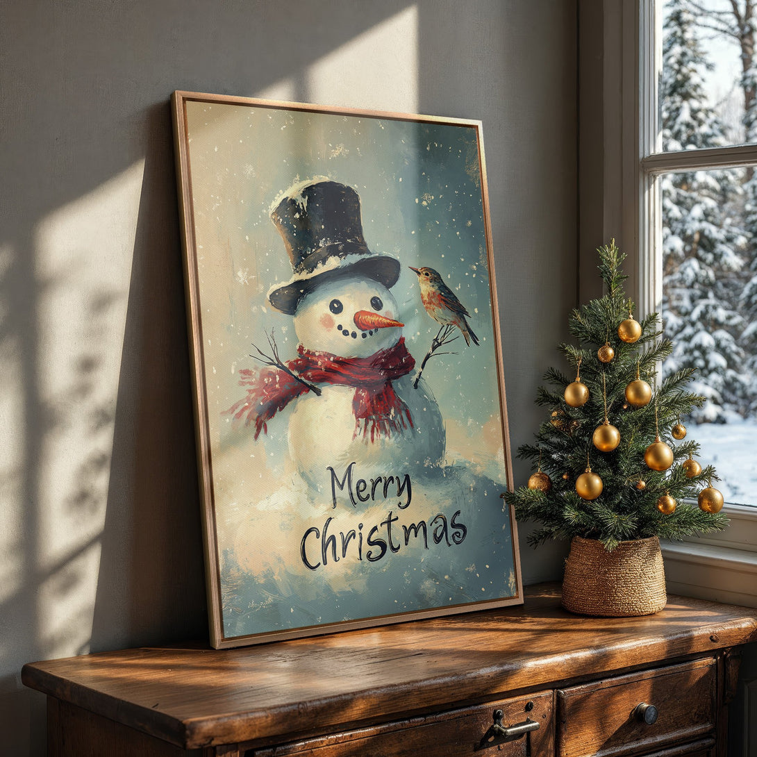 Framed Wall Art: Charming snowman painting with a bird, winter scene, and "Merry Christmas" text. Soft blue & beige palette, perfect holiday decor.
