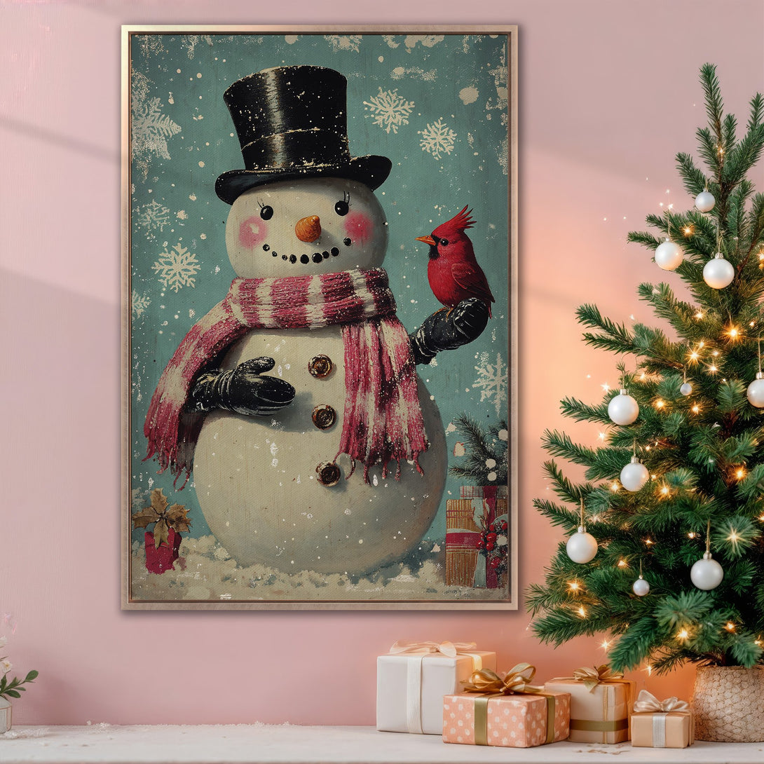 Framed Wall Art featuring a whimsical snowman with a cardinal, vintage style, and a teal, red, and cream color palette. Perfect Christmas decor!