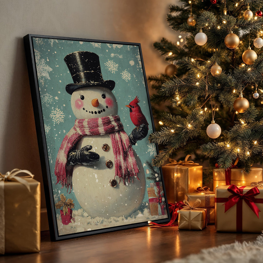 Framed Wall Art: Vintage snowman print with cardinal on a teal background. Festive decor in a rustic style with a warm, inviting color palette. Perfect for Christmas!
