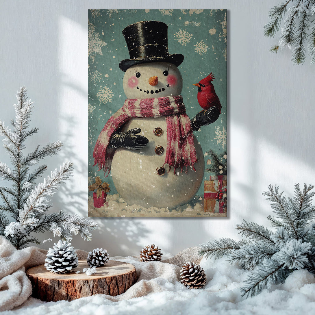 Framed Wall Art: Vintage snowman print with a cardinal, in a cozy Christmas scene. Featuring a teal, red, and gold color palette. Perfect holiday decor!