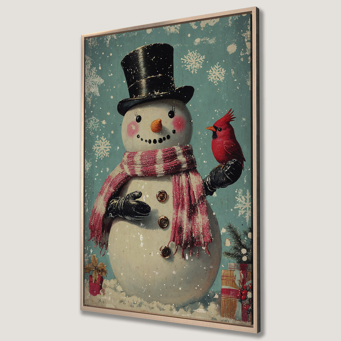 Framed Wall Art: Vintage snowman with cardinal, winter scene in blue, red, and white. Perfect holiday decor for your home!