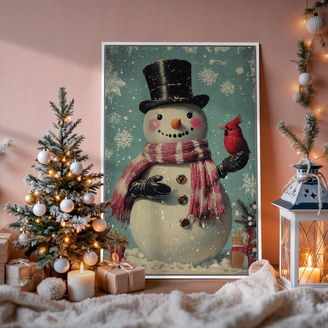 Framed Wall Art: Vintage snowman print with a red cardinal, perfect for holiday decor. Features a teal and pink color palette.