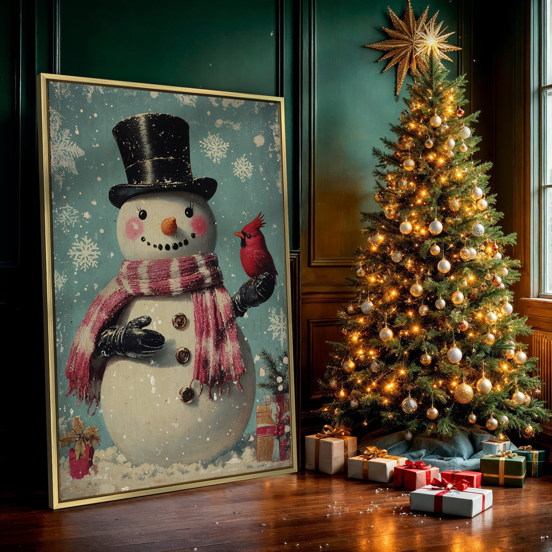 Canvas Print: Charming snowman art with a vintage style, featuring a red cardinal, in a wintery blue and pink color palette. Perfect holiday decor!