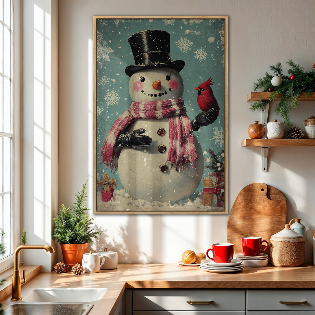 Framed Wall Art featuring a vintage snowman with a cardinal. Festive winter decor in a blue, red, and white color palette. Perfect holiday gift!