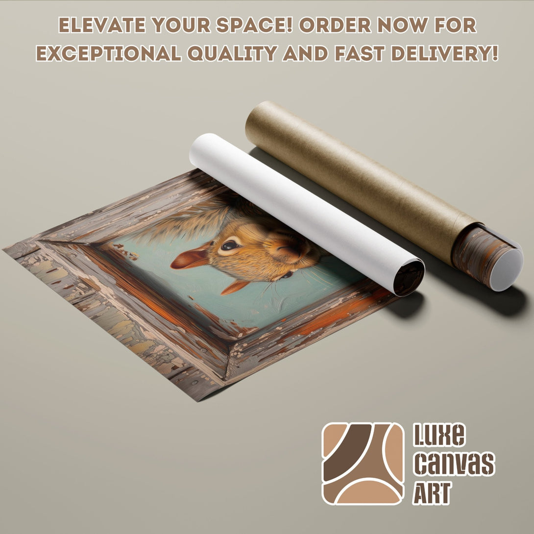 Framed Poster of a squirrel in a vintage style, featuring a warm, earthy color palette. Order your art print today!