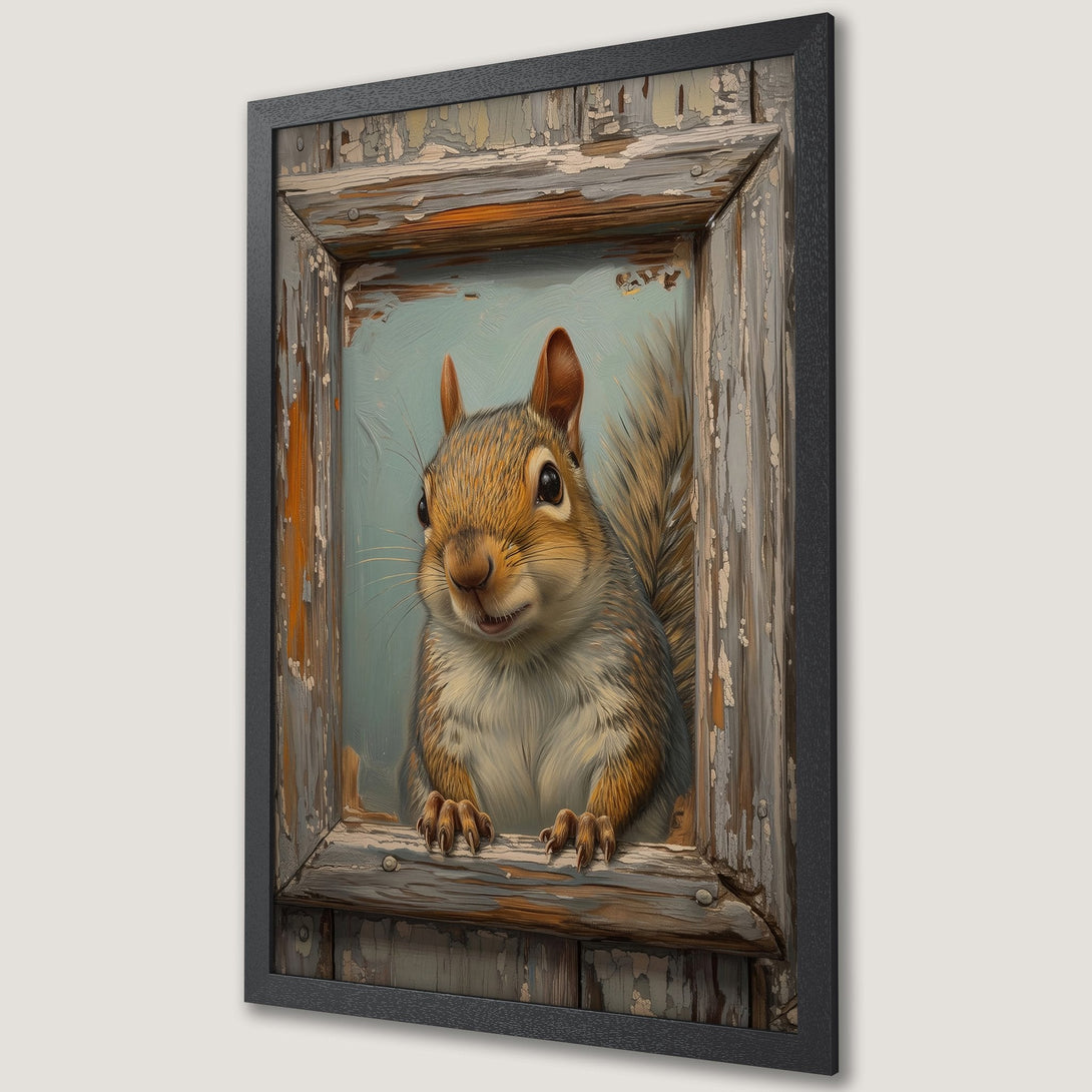 Framed Poster featuring a charming squirrel peeking through a rustic window. Warm earthy tones and a vintage style create a cozy, inviting feel. Perfect wall art!