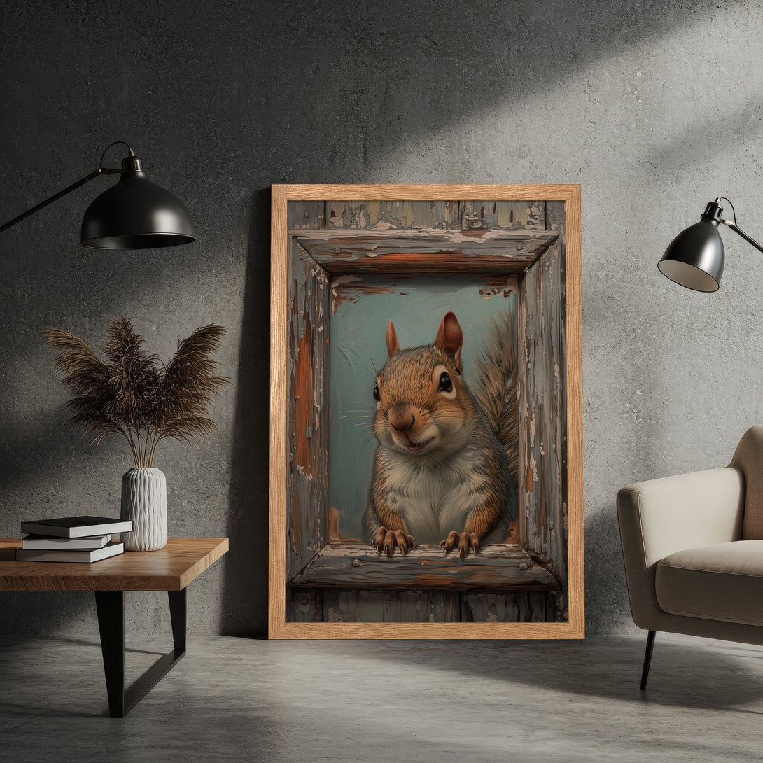 Framed Poster featuring a charming squirrel in a rustic style, warm brown and gray color palette. Perfect wall art!