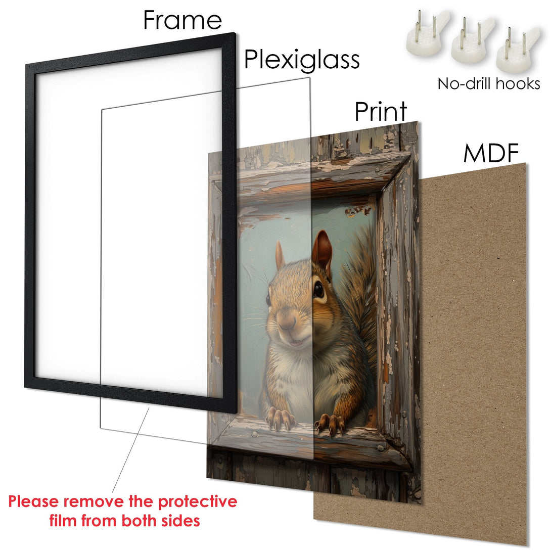 Framed Poster featuring a squirrel painting in a rustic style with a warm, earthy color palette. Ready to hang!
