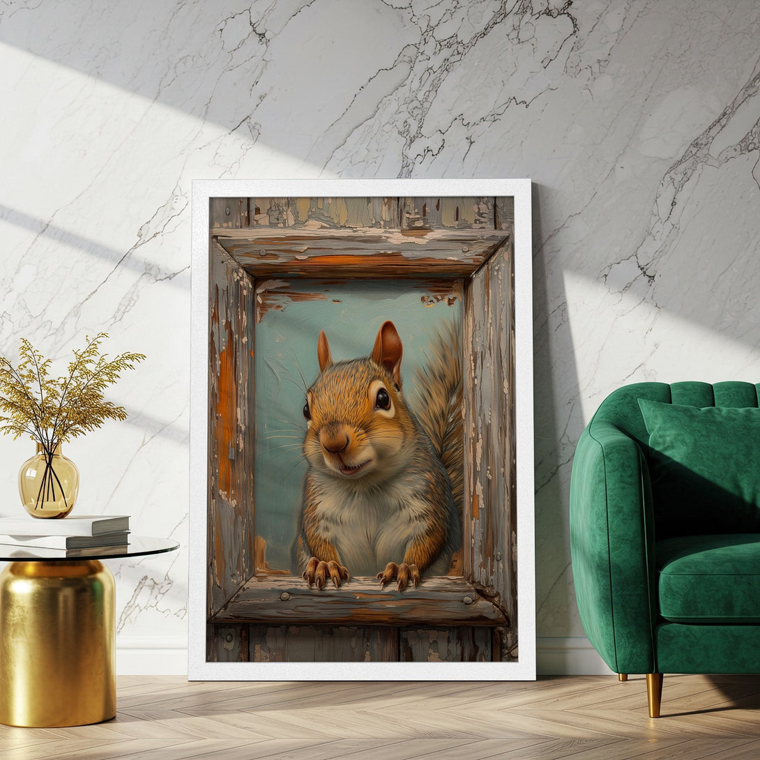 Framed Poster featuring a charming squirrel in a vintage style, warm brown and teal color palette. Perfect art for your home!