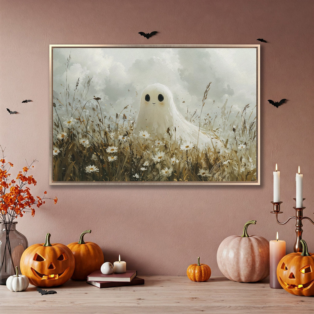 Framed Wall Art featuring a whimsical ghost in a field, soft pastel colors. Perfect Halloween decor!