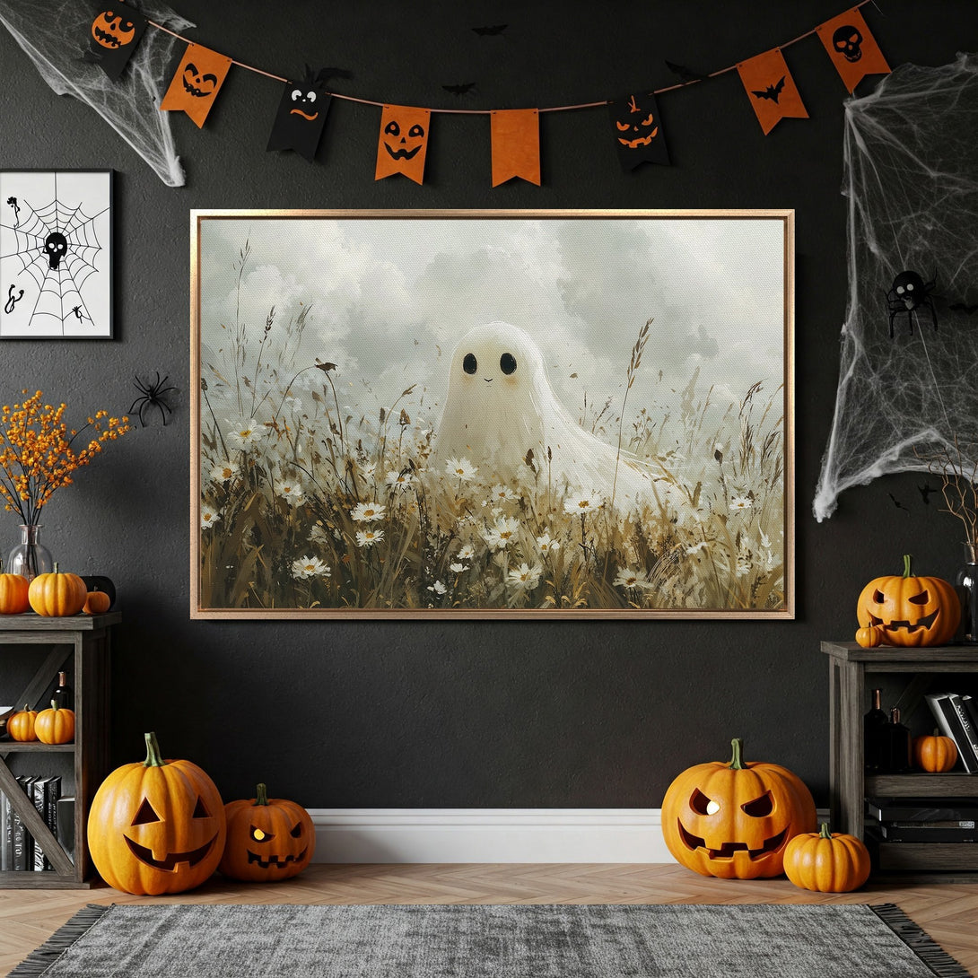 Framed Wall Art: Adorable ghost in a field. Neutral color palette with hints of orange. Perfect Halloween decor. Canvas Print for your home.