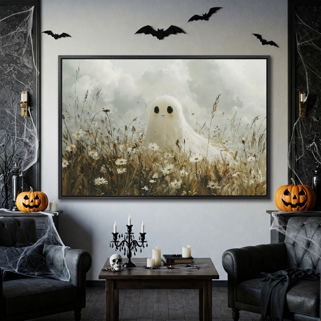 Framed Wall Art: Adorable ghost in a field of flowers. Neutral color palette, whimsical style. Perfect Halloween decor.