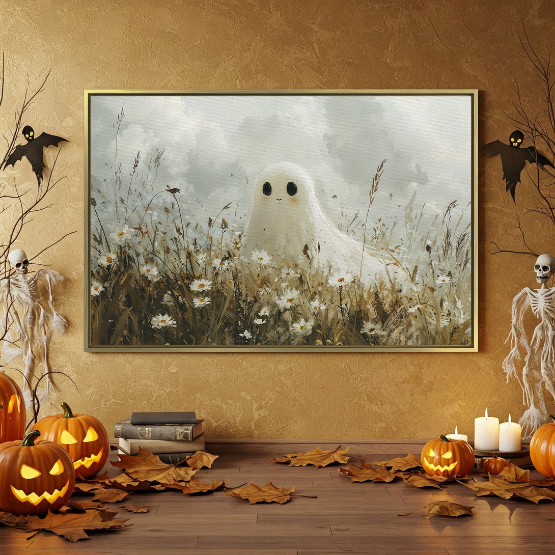 Canvas Print featuring a whimsical ghost in a field, displayed in a Halloween-themed interior. Soft, muted color palette with orange and gray accents.