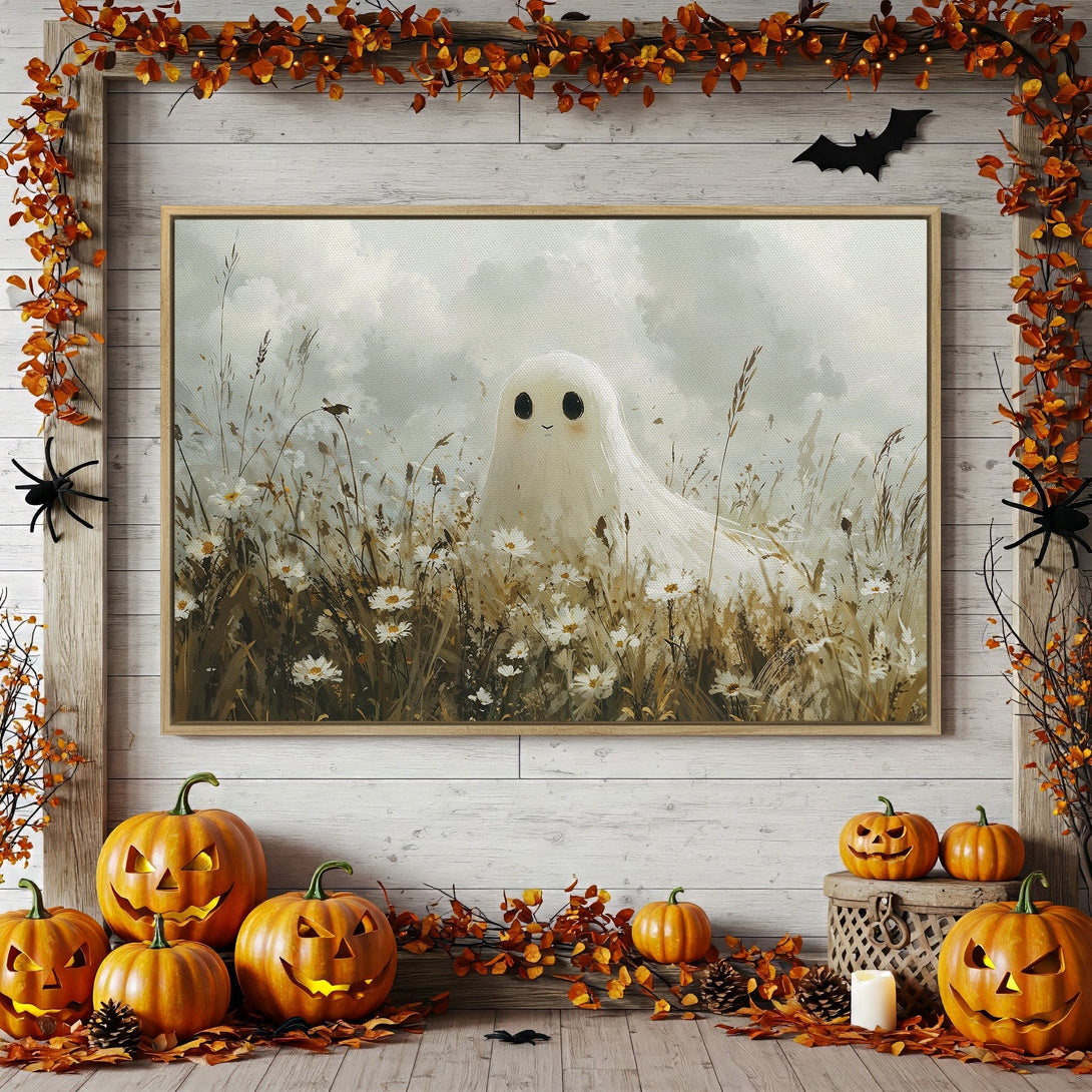 Framed Wall Art: Adorable ghost in a field, whimsical style, neutral & autumnal color palette. Perfect Halloween decor!