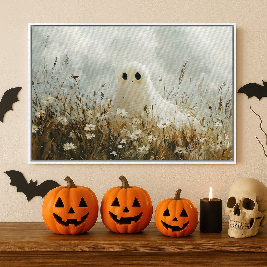 Framed Wall Art: Adorable ghost art in a field of daisies. Soft, neutral color palette. Perfect Halloween decor for a cozy, whimsical style.