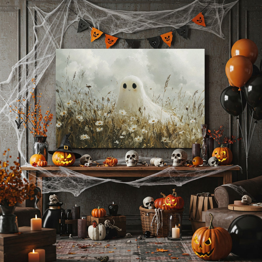 Framed Wall Art: Adorable ghost in a field. Whimsical art with a muted, earthy color palette. Perfect Halloween decor!