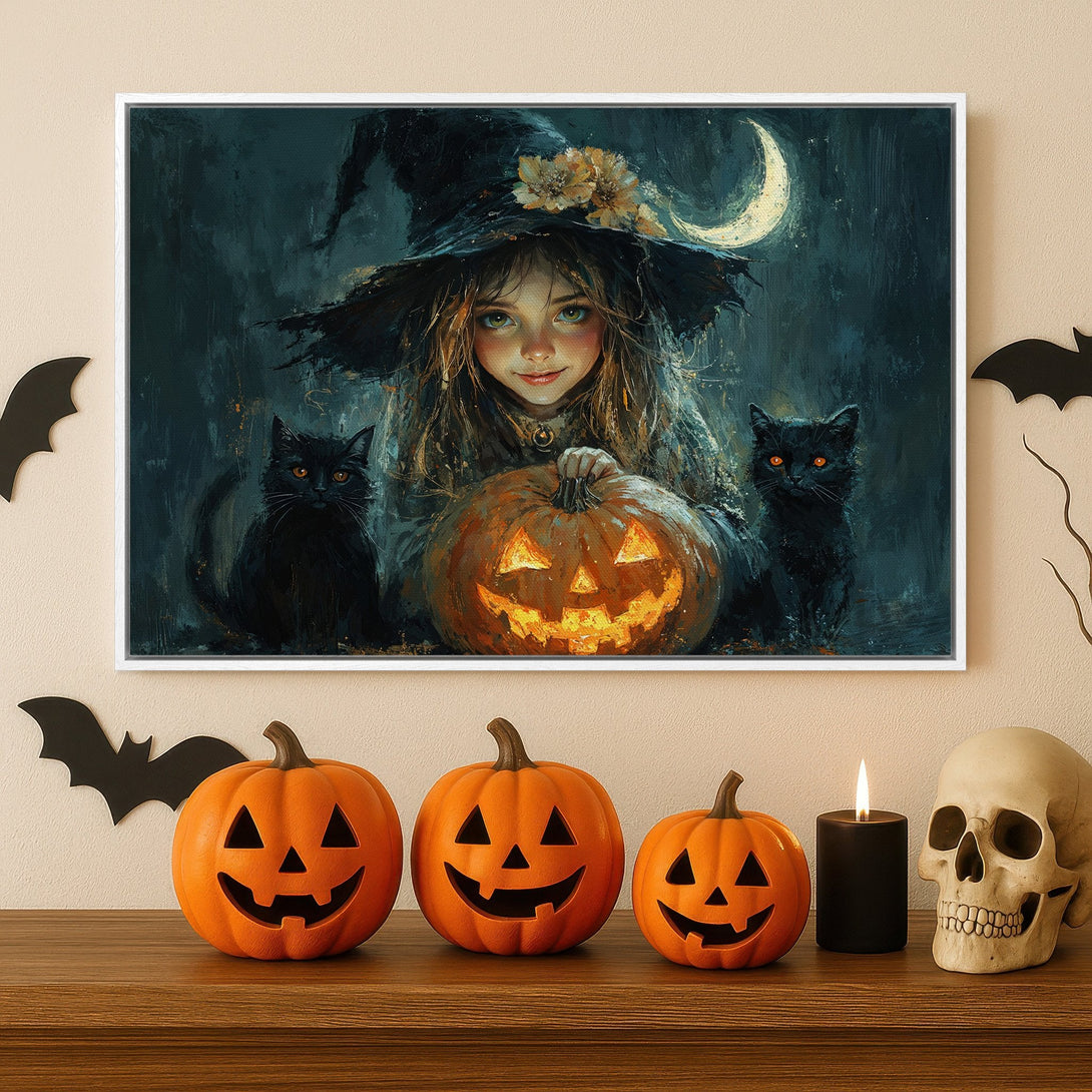 Framed Wall Art: Spooky Halloween witch with black cats & pumpkin. Dark teal & orange color palette. Perfect for seasonal decor.