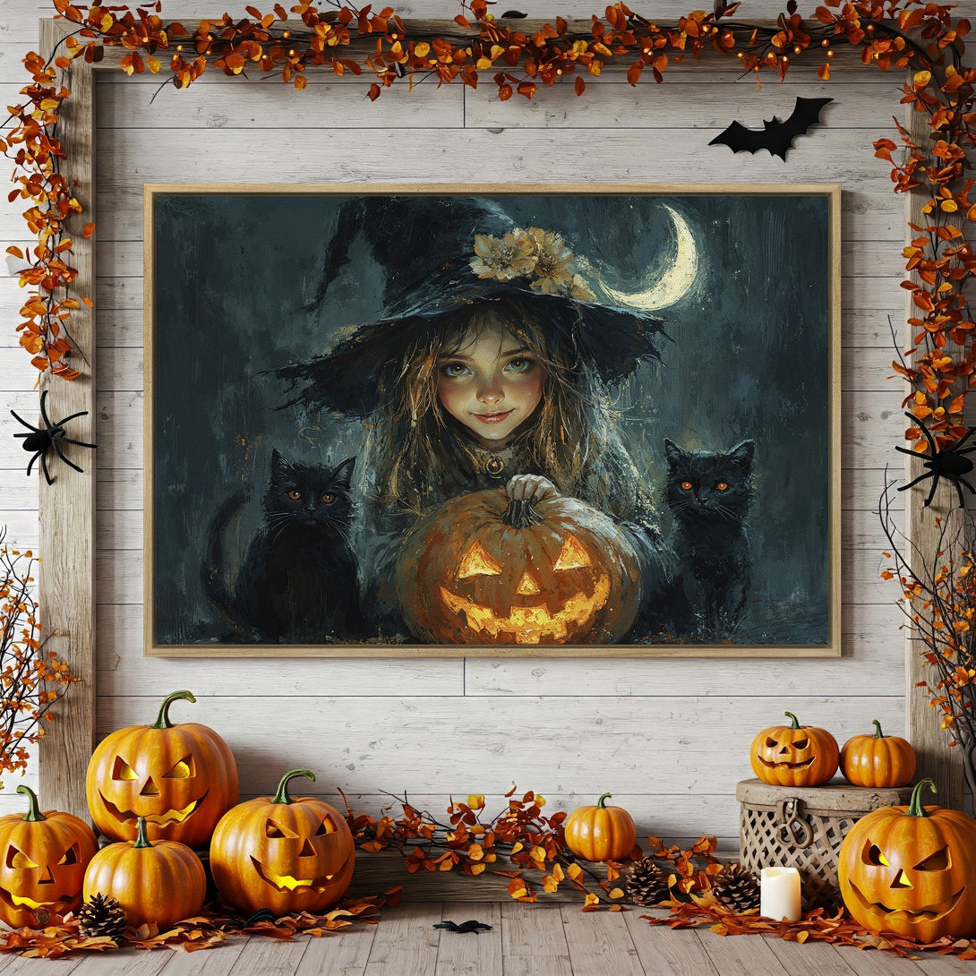 Framed Wall Art: Spooky Halloween witch with black cats and pumpkin. Dark, moody color palette. Perfect for fall decor!