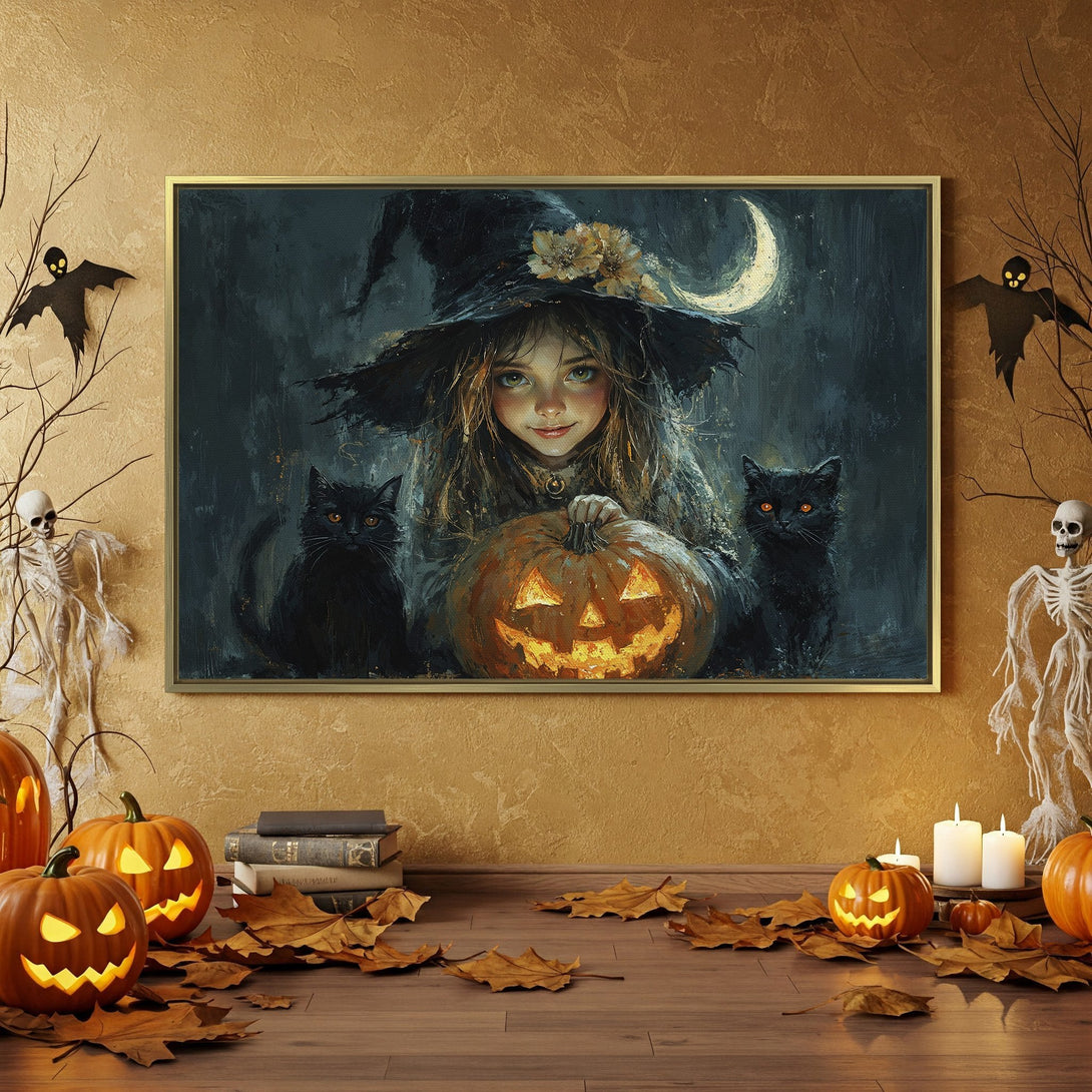Canvas Print: Spooky Halloween art featuring a witch, black cats, and carved pumpkins. Dark, moody color palette perfect for seasonal decor.