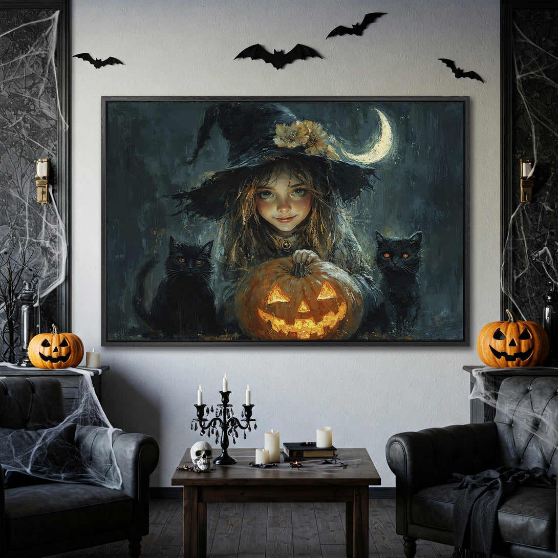 Framed Wall Art: Spooky Halloween scene with witch, cats, and pumpkin. Dark, moody color palette. Perfect for Halloween decor.
