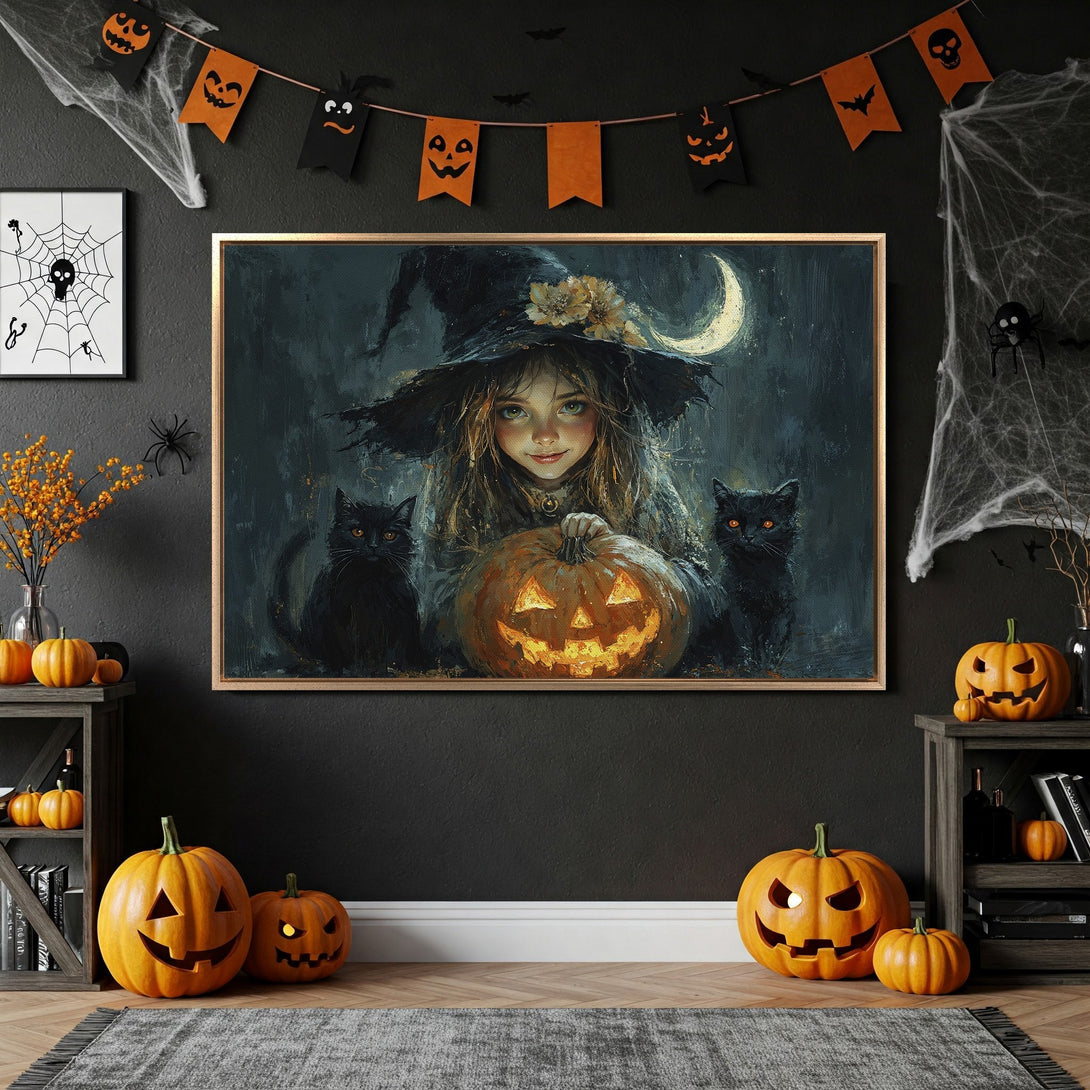 Framed Wall Art: Spooky Halloween scene with a witch, black cats, and a carved pumpkin. Dark, moody color palette. Perfect for Halloween decor!