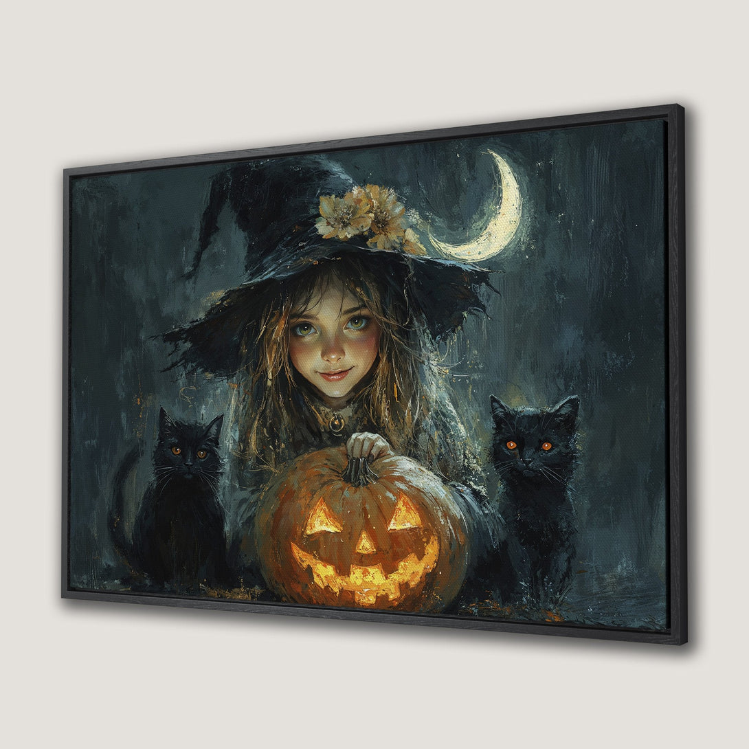 Framed Wall Art: Spooky Halloween scene with a witch, black cats, and jack-o'-lantern. Dark, moody palette. Perfect for adding a touch of magic!