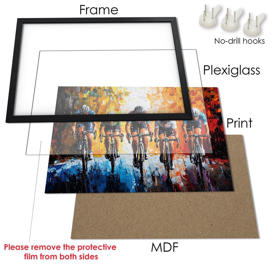 Framed Poster of cyclists in an impressionistic style with a vibrant blue, yellow, and red color palette. Perfect art for your home!