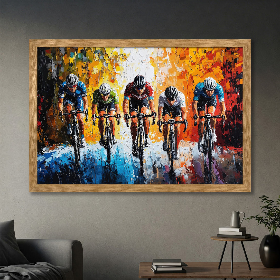 Framed Poster of cyclists racing, vibrant abstract style with blue, orange, and yellow color palette, perfect wall art.