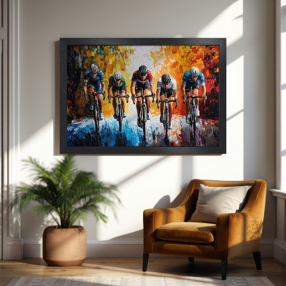 Framed Poster of cyclists in an abstract, impressionistic style with a vibrant orange, blue, and yellow color palette. Perfect wall art!