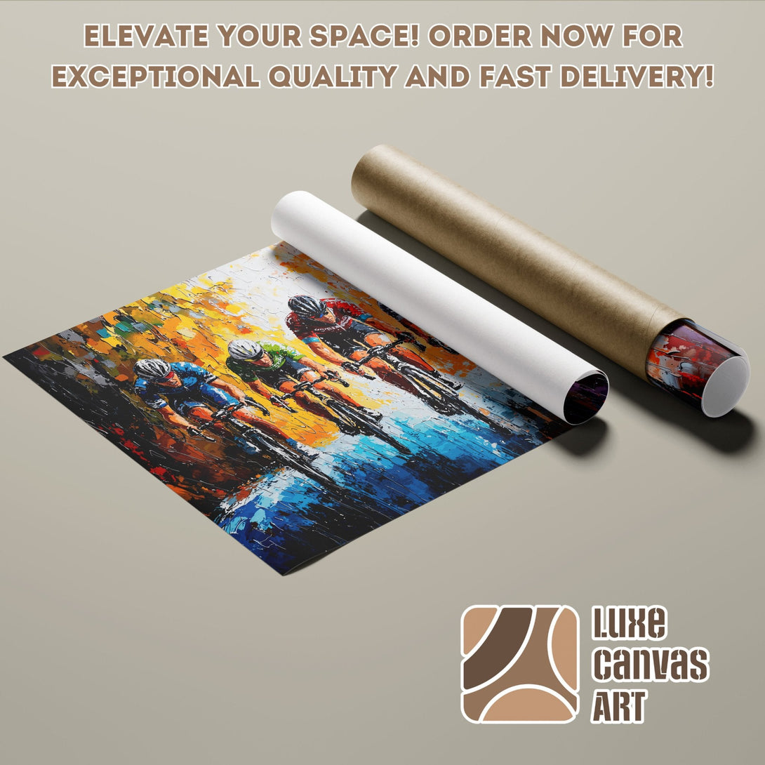 Poster Roll of cyclists in an abstract style, featuring blue, yellow, and red hues. Order now!