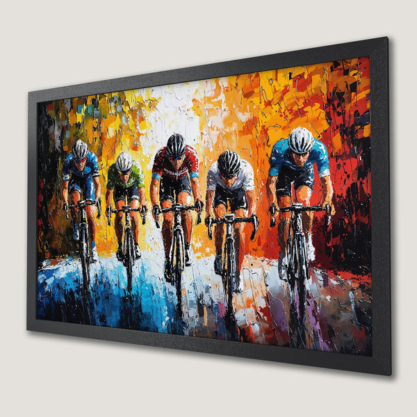 Framed Poster of cyclists racing, vibrant abstract art with a warm color palette. Perfect wall decor!