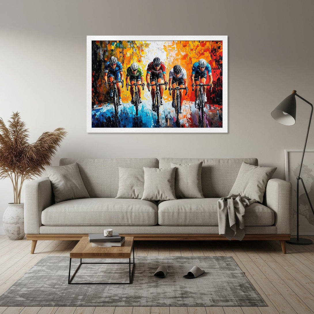 Framed Poster of cyclists in abstract style, vibrant orange, blue, and red color palette, perfect wall art.