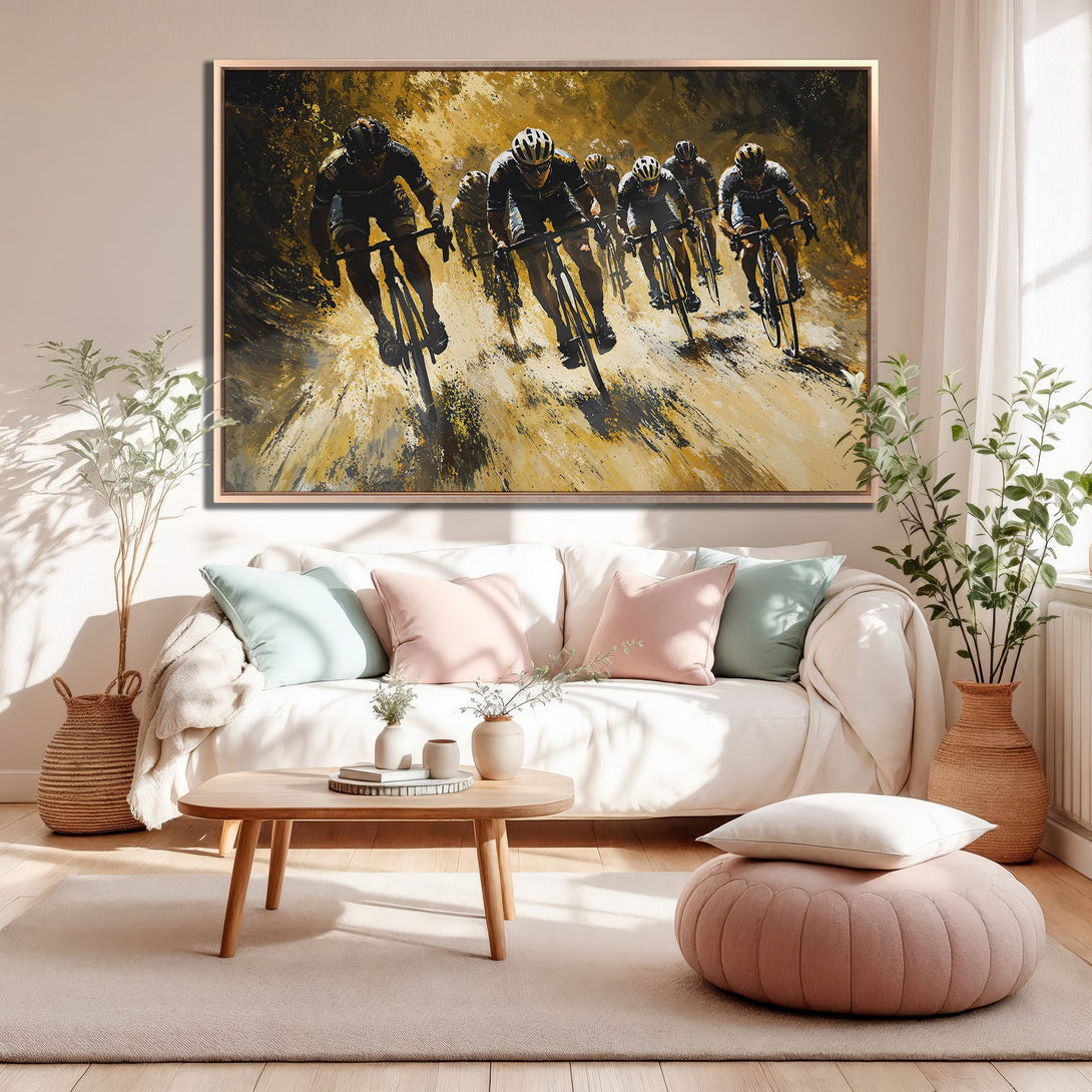 Framed Wall Art: Abstract cycling scene in gold and black. Modern art canvas print adds a touch of elegance and energy to any space.