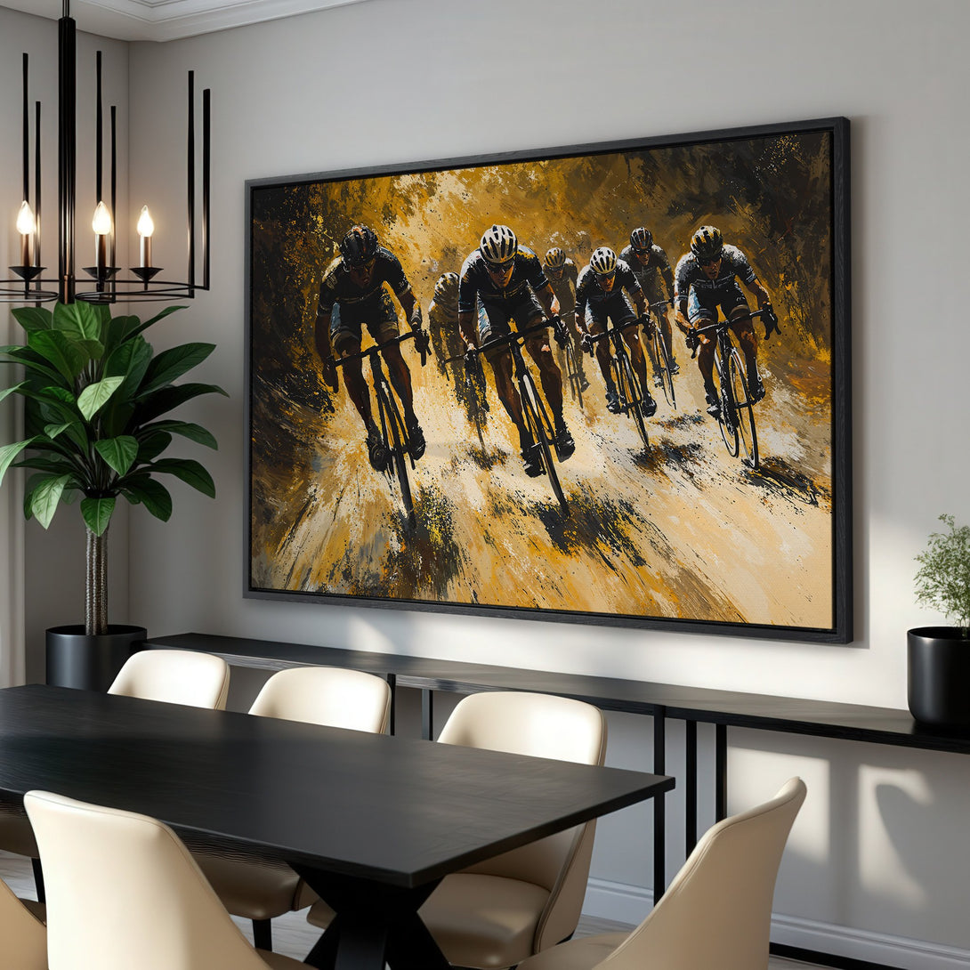 Framed Wall Art: Dynamic cycling scene in gold and black. Abstract style Canvas Print adds modern art to your home decor.