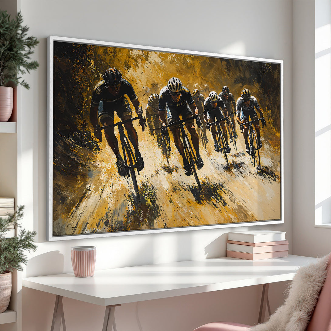 Framed Wall Art: Dynamic cycling race art in a modern, abstract style with a warm yellow and black color palette. Perfect for sports enthusiasts!