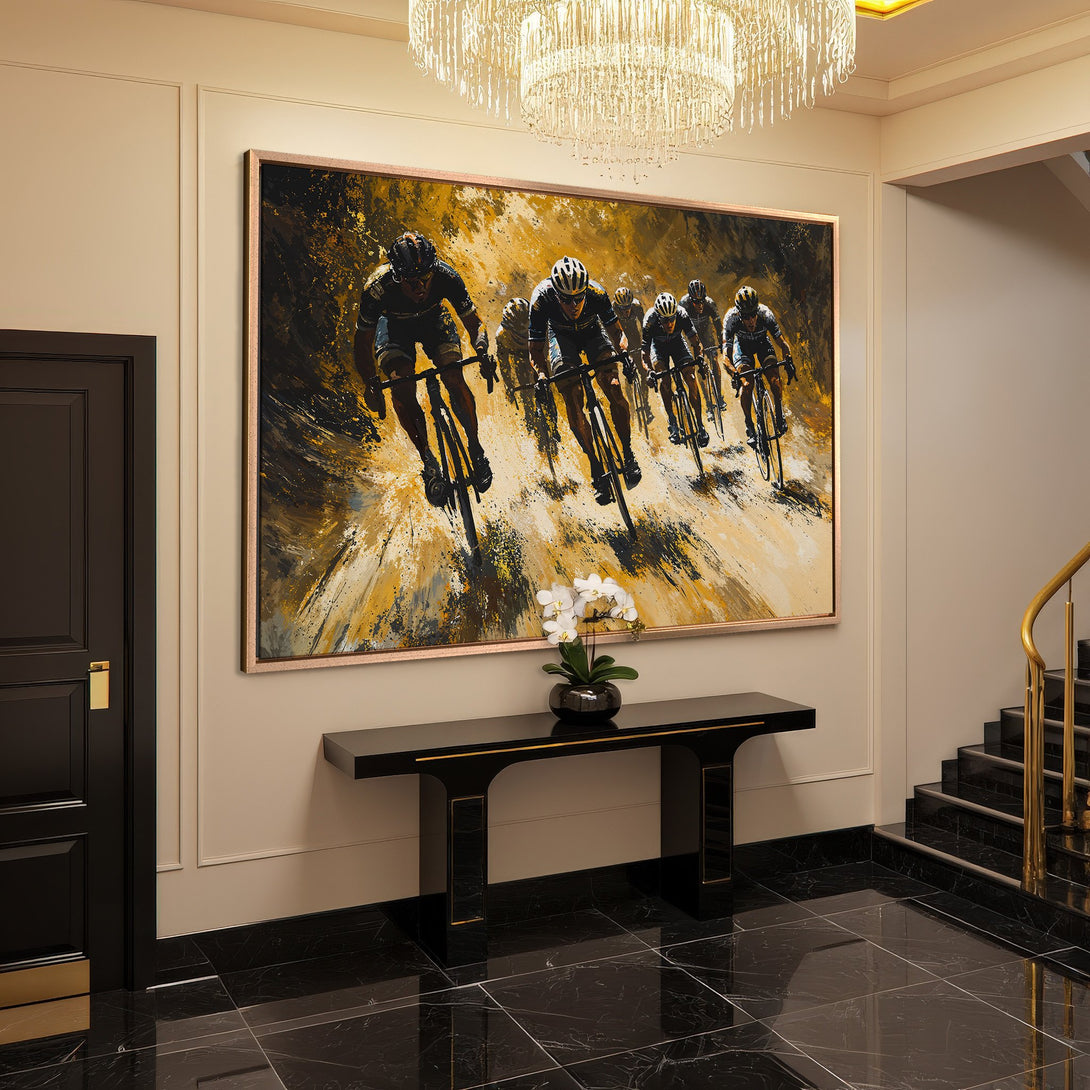 Framed Wall Art: Dynamic cycling scene in gold and black tones. Modern abstract art for your home. Elevate your decor with this stunning canvas print.