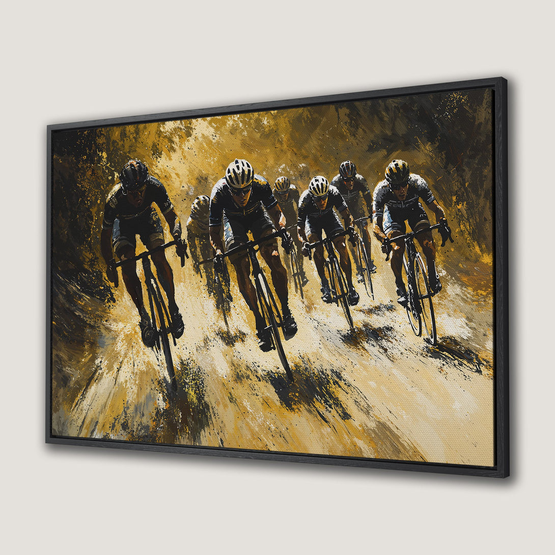 Framed Wall Art: Cyclists racing, abstract style with gold and black color palette. Perfect for modern home decor.