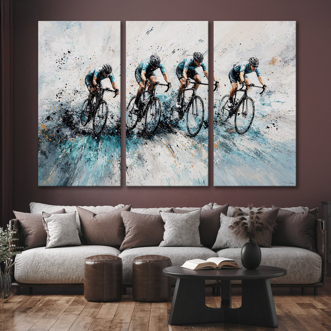 Canvas Print of cyclists in abstract style, featuring a blue and white color palette. Modern wall art for your home decor.