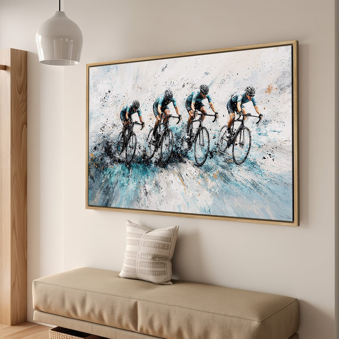Framed Wall Art: Abstract cycling art print in teal and white. Modern style canvas print adds a dynamic touch to any space.