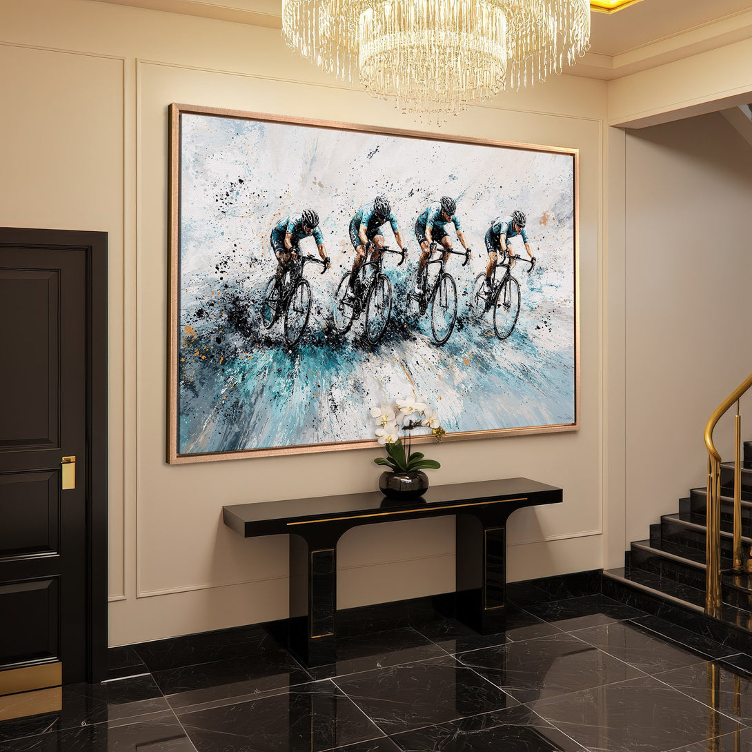 Framed Wall Art: Abstract cycling art in blue & black. Modern Canvas Print adds a stylish touch to any interior. Elevate your space with this stunning artwork!