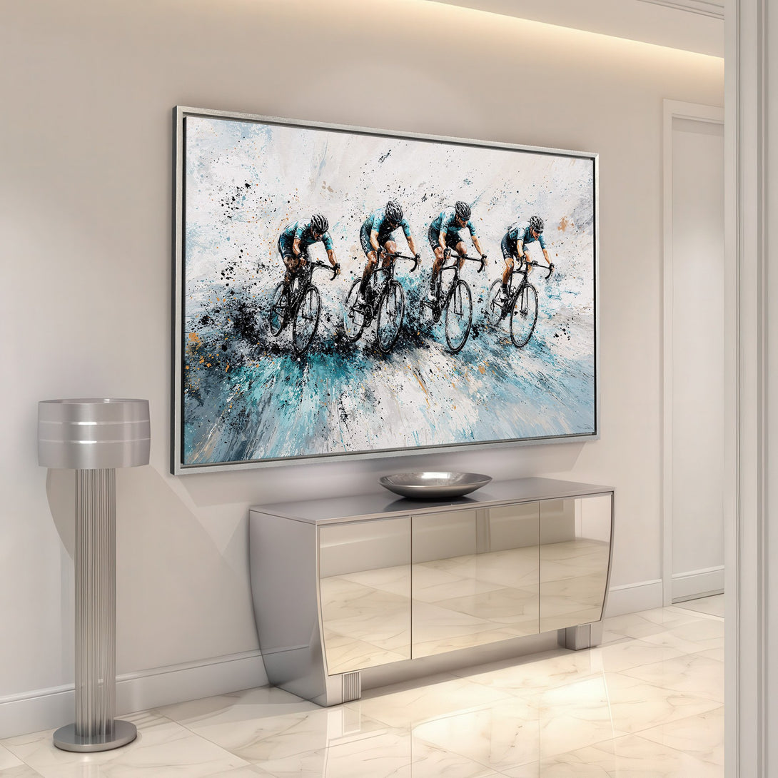 Framed Wall Art: Abstract cyclists in teal & white. Modern art canvas print adds a dynamic touch to this contemporary interior. Shop now!