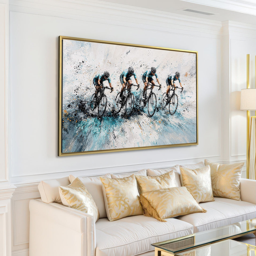 Canvas Print featuring cyclists in action, abstract style with blue, white, and black color palette. Modern wall art for your home.
