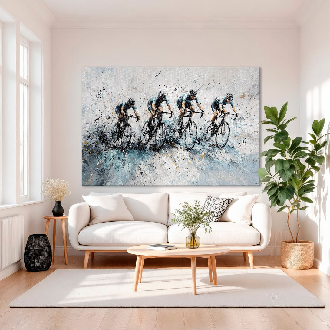 Framed Wall Art: Dynamic cycling painting in teal, white & gold. Modern abstract style canvas print adds artistic flair to any interior.